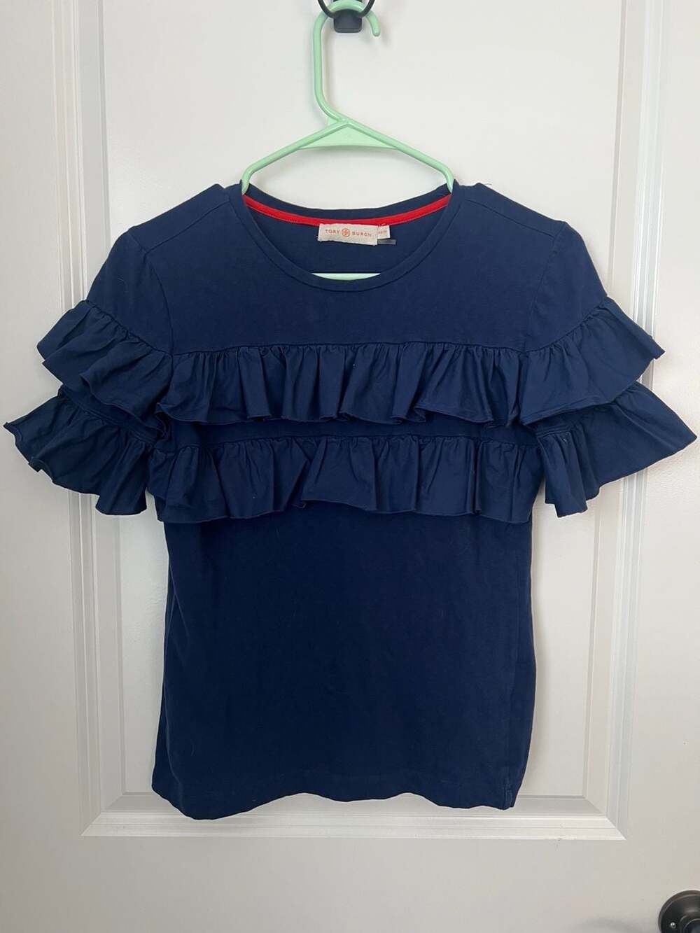 Tory Burch Navy Blue Ruffle Short Sleeve Tee